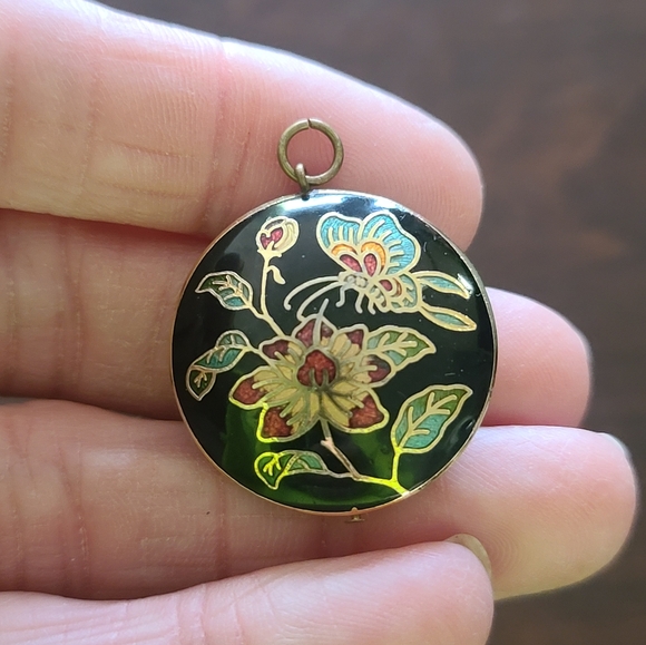 Floral Enamel Pendant, Cloisonne With Butterfly On Black - Picture 4 of 7